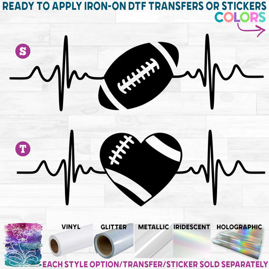 (s182) Set of 2 Football Heart or Round Ball EKG Heartbeat Printed Heat Transfer or Sticker