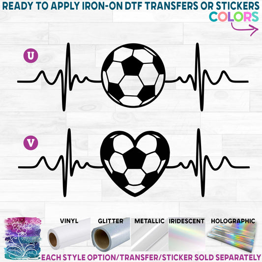 (s182) Set of 2 Soccer Round or Heart Ball EKG Heartbeat Printed Heat Transfer or Sticker