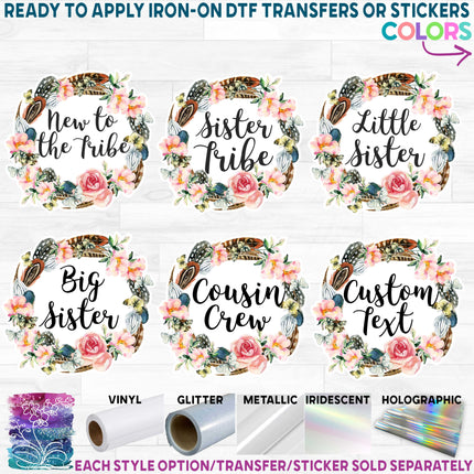 (183-B) Big Sister, Little Sister, Custom Text Floral Feather Tribal Watercolor