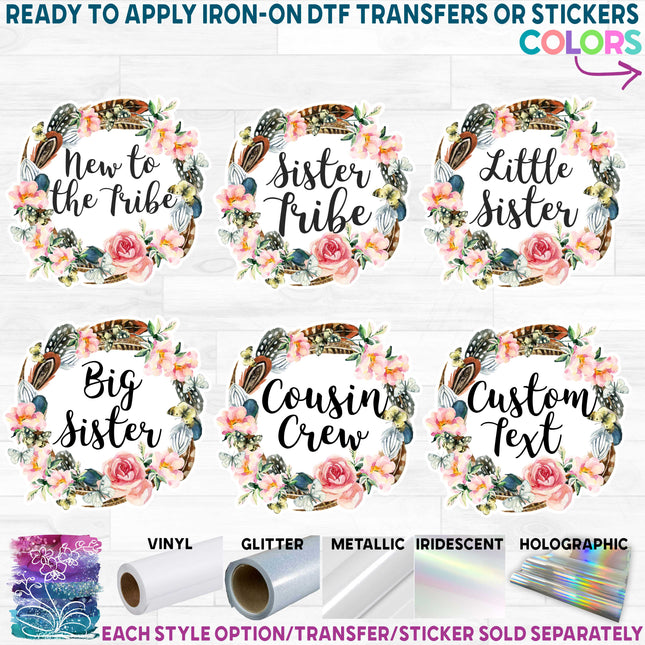 (183-B) Big Sister, Little Sister, Custom Text Floral Feather Tribal Watercolor