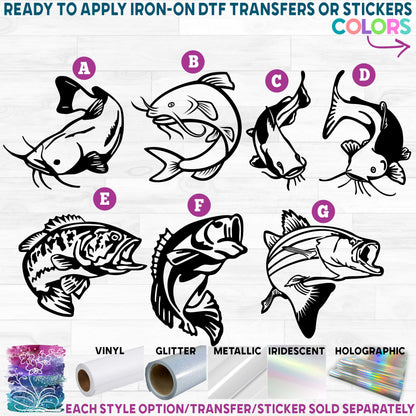 (s184) Sport Fish Catfish Striped Big Small Mouth Bass Silhouette Printed Heat Transfer or Sticker