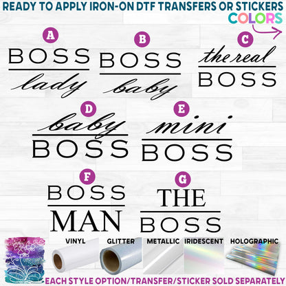 (s187) Boss Lady, Boss Baby Printed Heat Transfer or Sticker