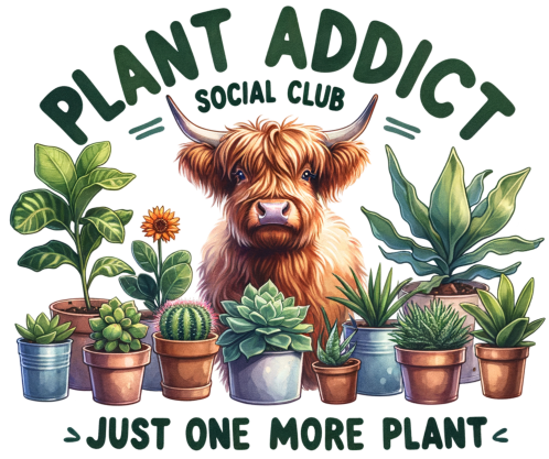 (196-02-C) Plant Addict Social Club Just one More Plant Highland Cow