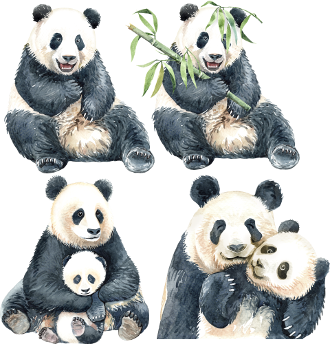 (s197-G2) Set of 4 Pandas Panda Mom and Baby