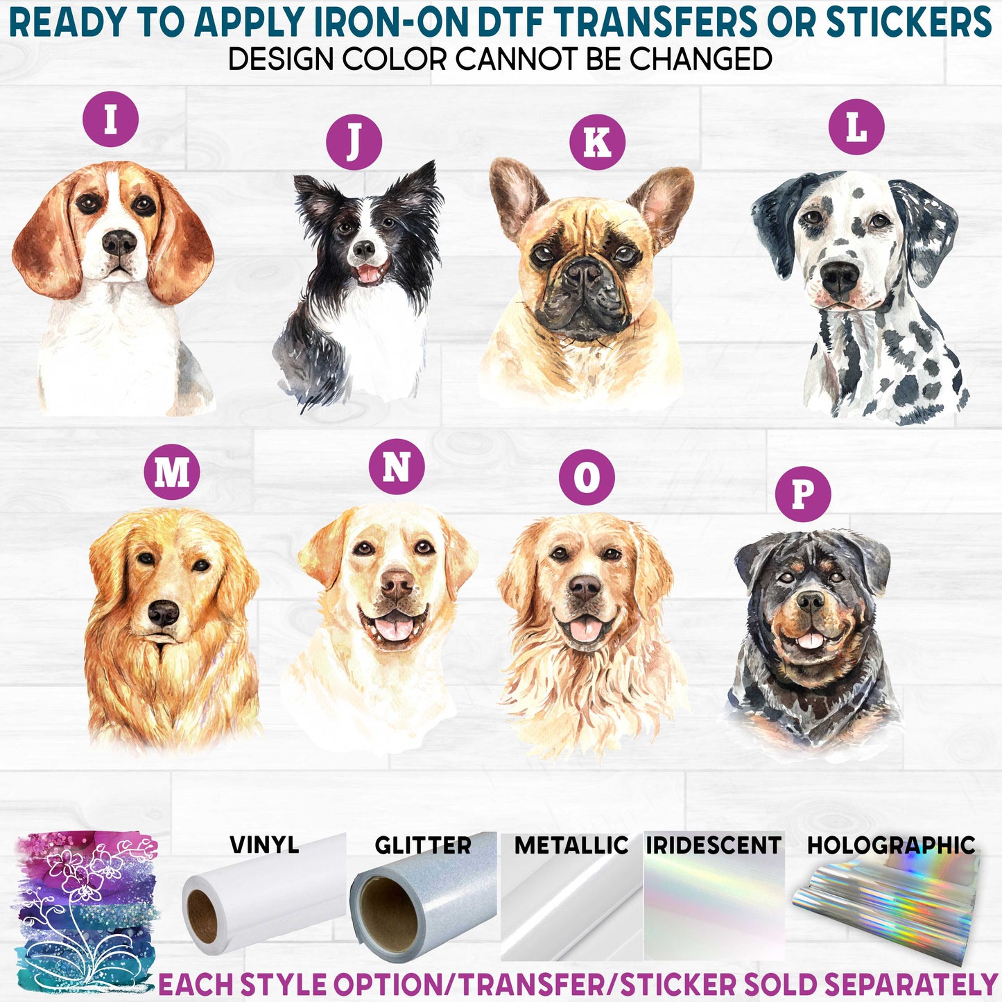 (s197-6) Watercolor Dogs Dog Ready to Apply Iron-On Transfer or Sticker