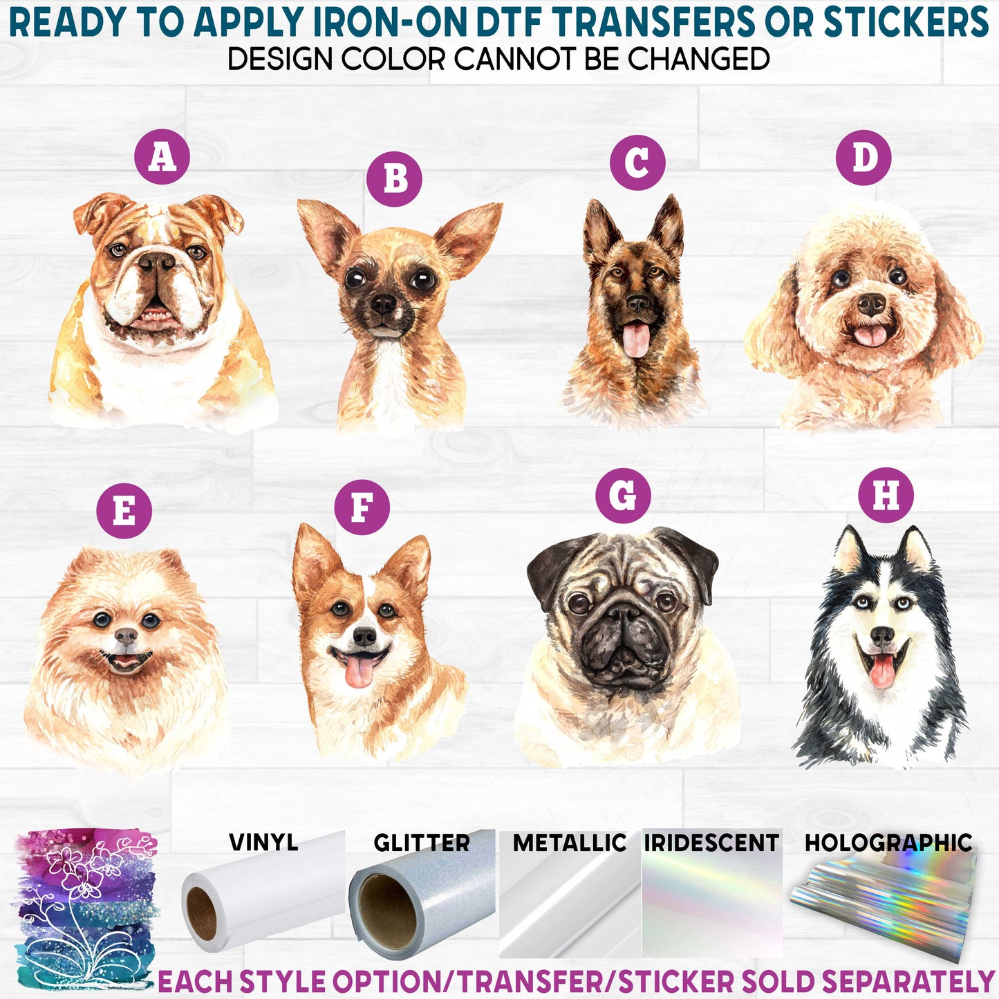 (s197-6) Watercolor Dogs Dog Ready to Apply Iron-On Transfer or Sticker