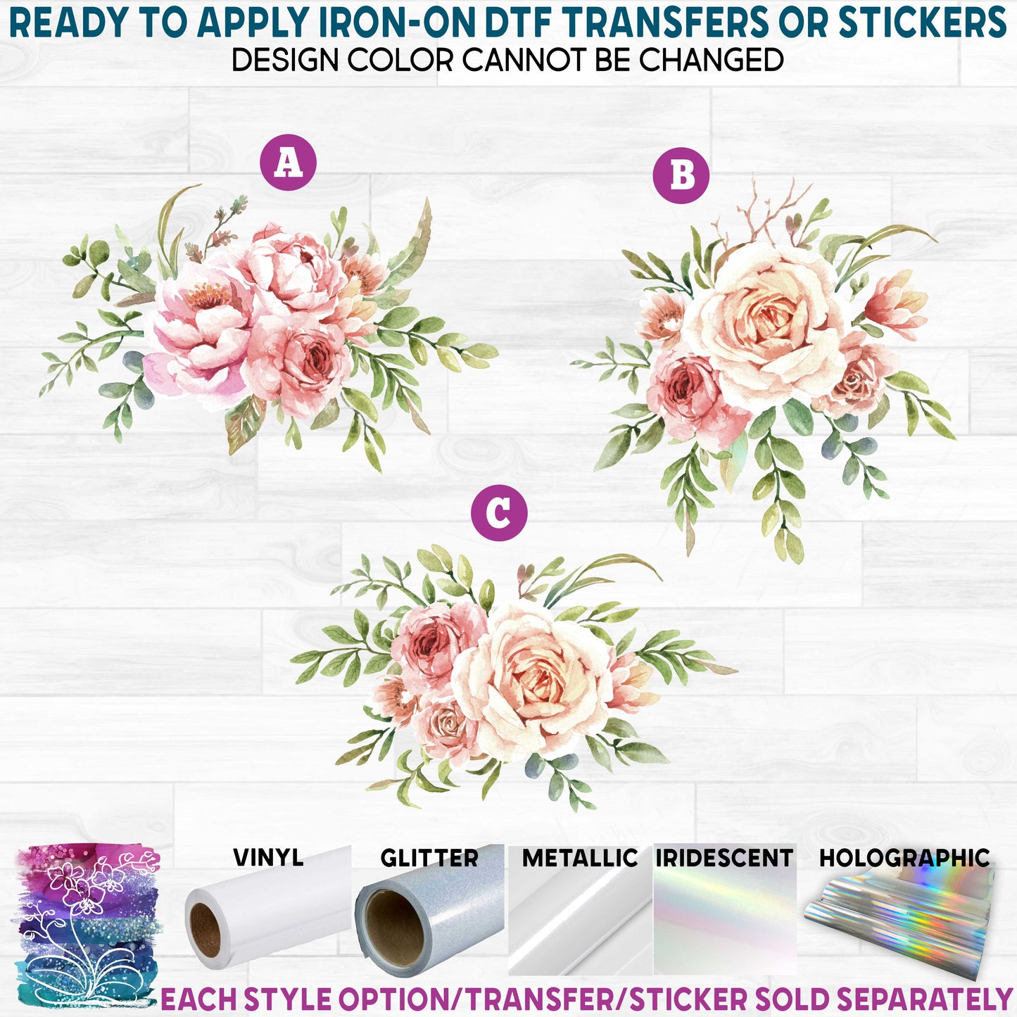 (s197-8) Vintage Rustic Rose Flowers Printed Heat Transfer or Sticker