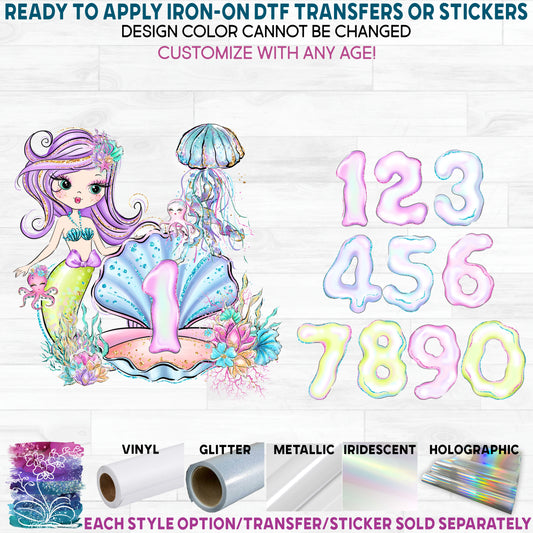 (s198-9D) Mermaid Any Age Number 1, 2, 3 Printed Heat Transfer or Sticker