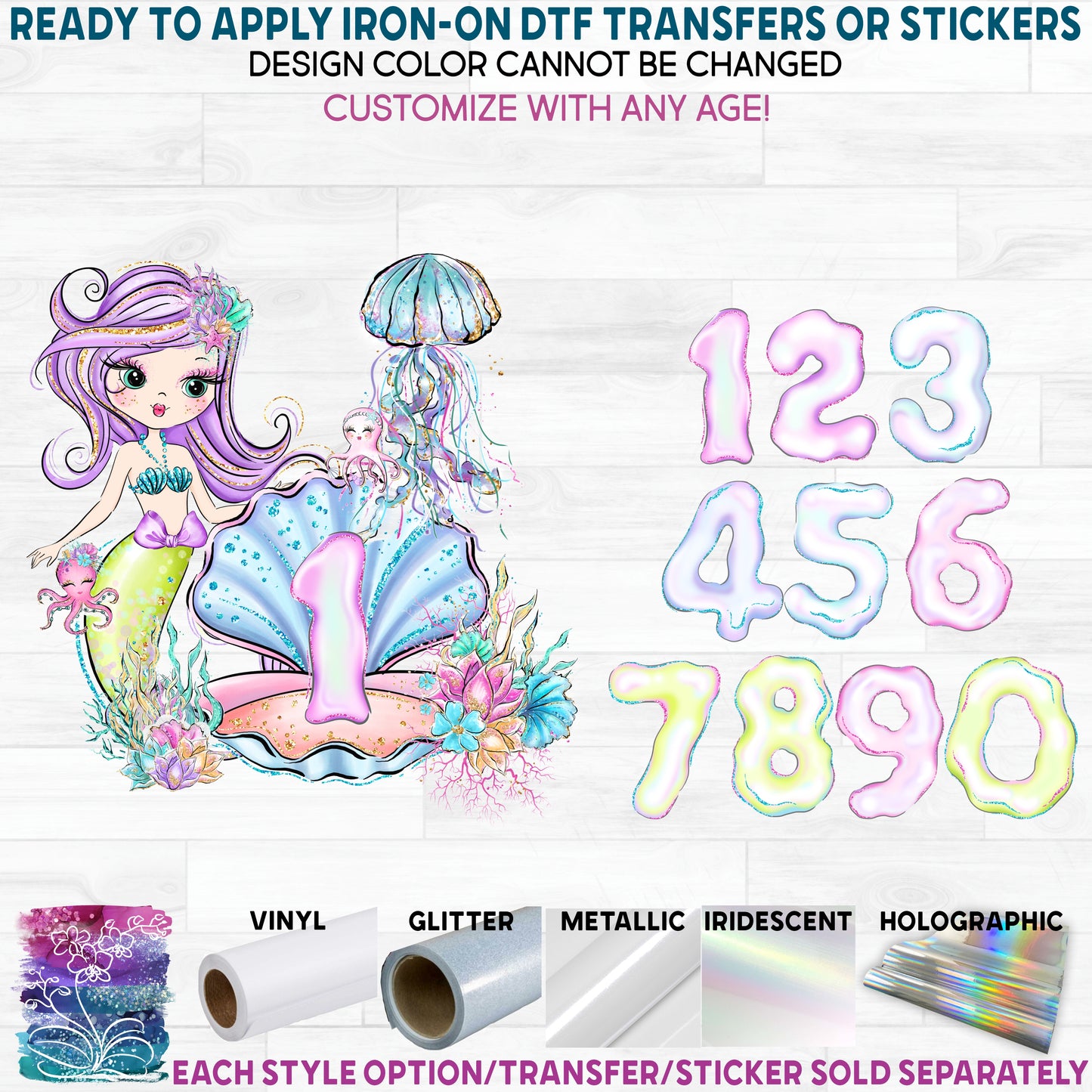 (s198-9D) Mermaid Any Age Number 1, 2, 3 Printed Heat Transfer or Sticker