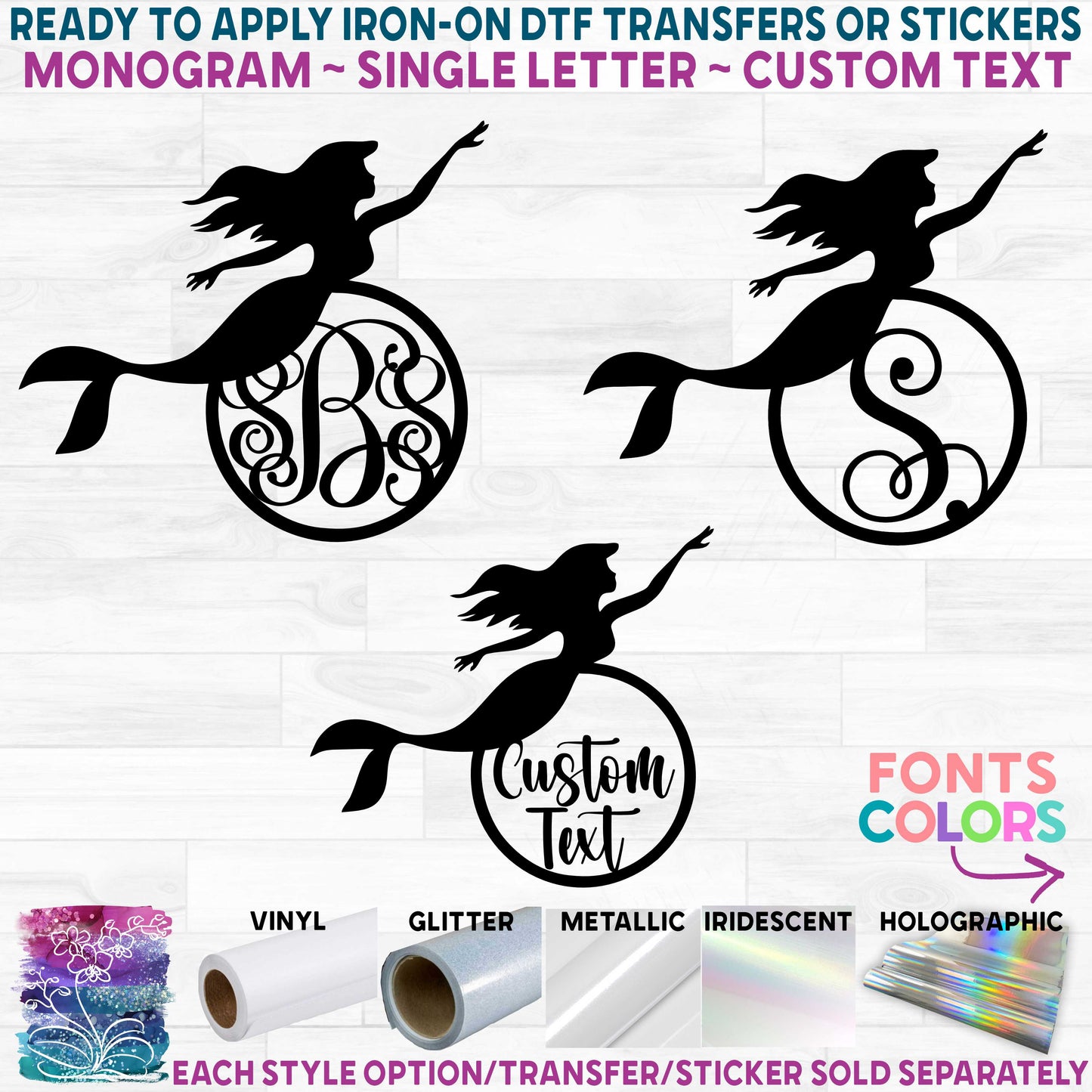 (s198-2C) Mermaid Monogram Printed Heat Transfer or Sticker