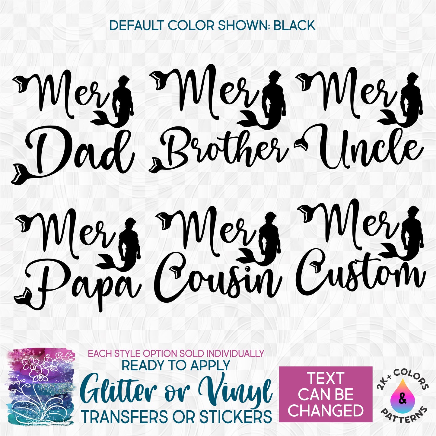 (s198-8G) Mer Dad Boy Family Merman Custom Text Glitter or Vinyl Iron-On Transfer or Sticker