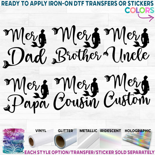 (s198-8G) Mer Dad Boy Family Merman Custom Text Printed Heat Transfer or Sticker