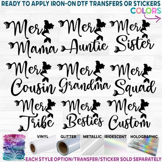 (s198-8F) Mer Mom Girl Mermaid Custom Text Printed Heat Transfer or Sticker