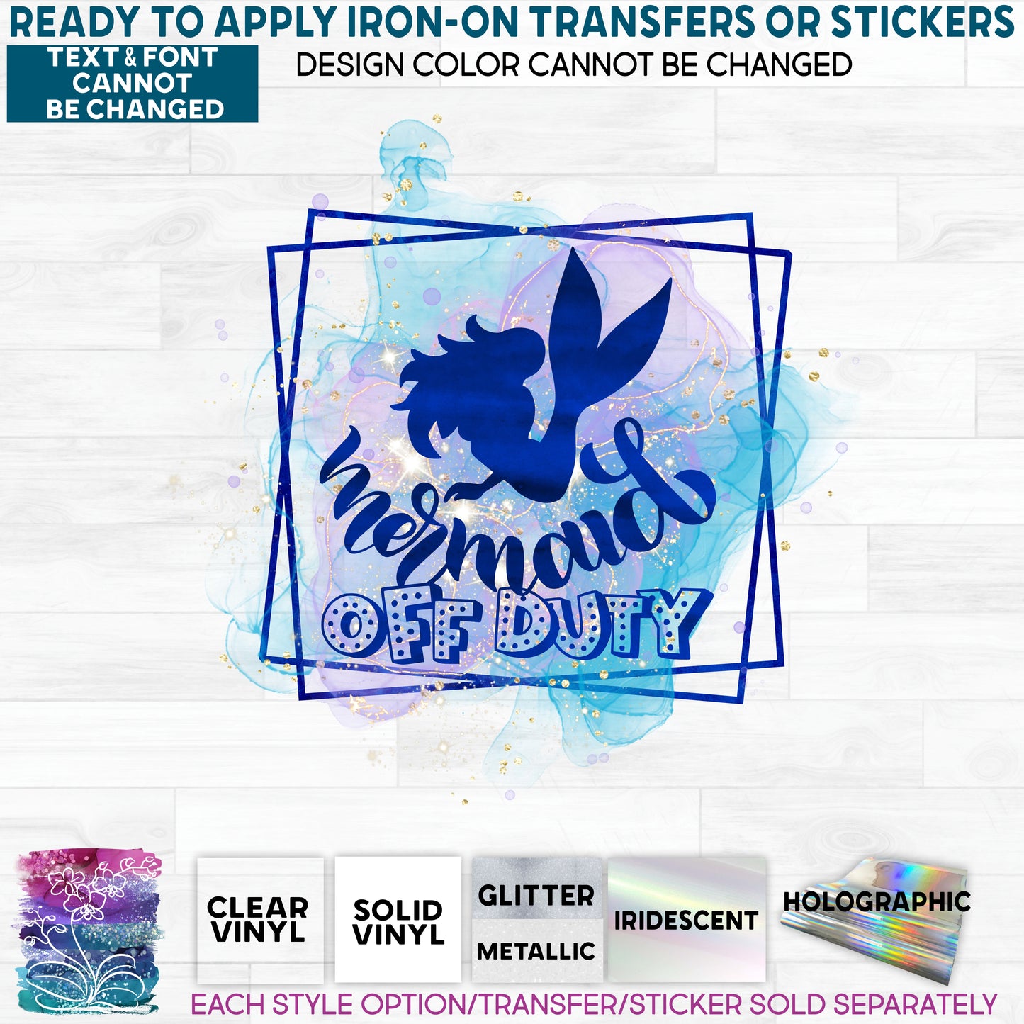 (s198-5H) Mermaid Off Duty Purple Blue Watercolor Glitter or Vinyl Iron-On Transfer or Sticker