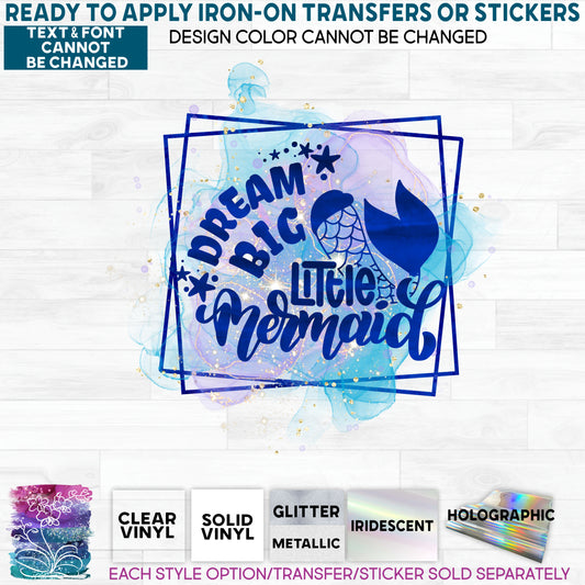 SBS-198-5K Dream Big Little Mermaid Purple Blue Watercolor Made-to-Order Iron-On Transfer or Sticker
