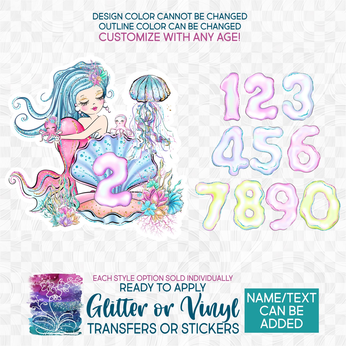 (s198-9E) Mermaid Any Age Number 1, 2, 3 Glitter or Vinyl Iron-On Transfer or Sticker