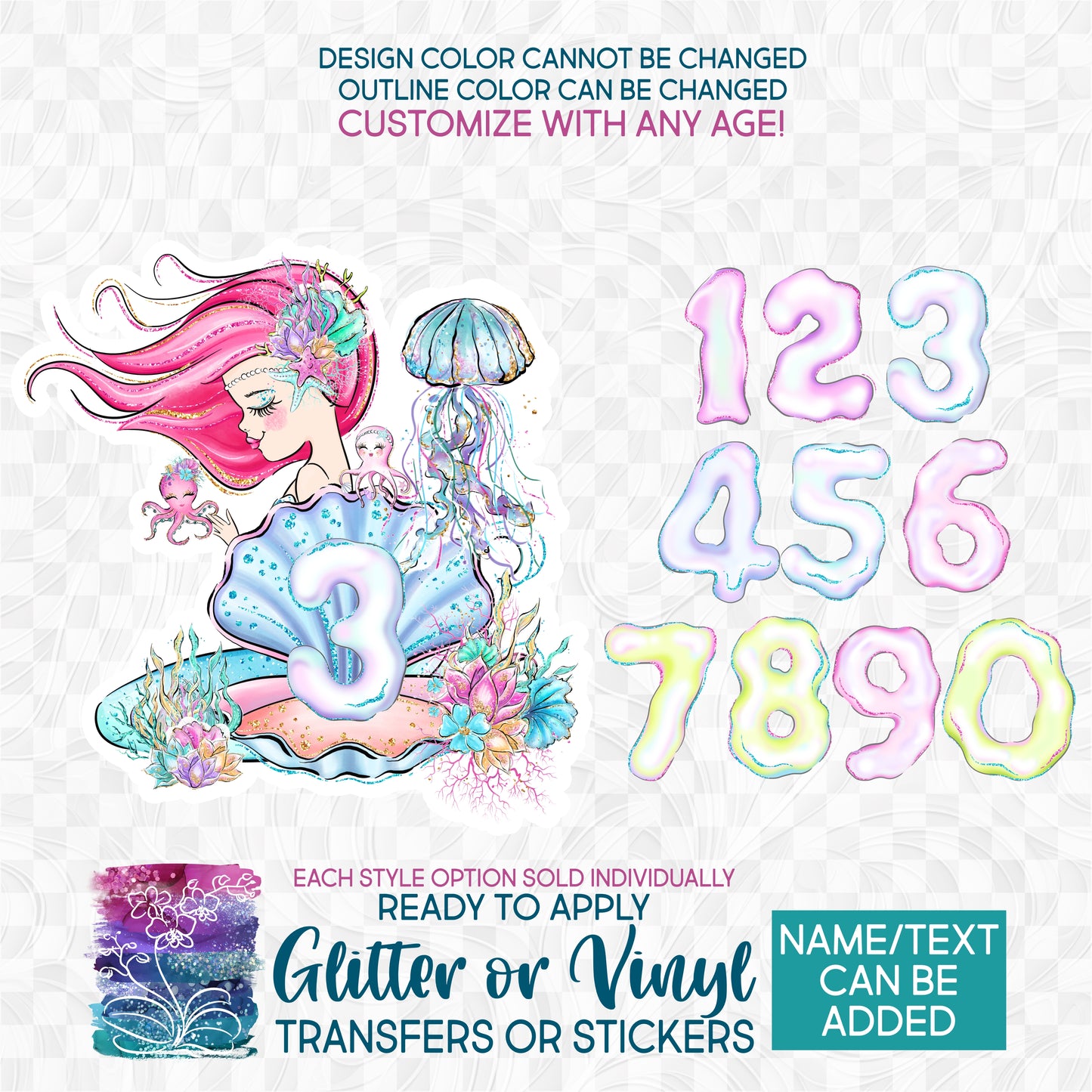 (s198-9F) Mermaid Any Age Number 1, 2, 3 Glitter or Vinyl Iron-On Transfer or Sticker