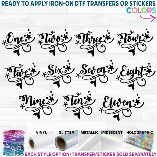 (s198-9B) Mermaid Script Number Ages One thru Eleven Only Printed Heat Transfer or Sticker