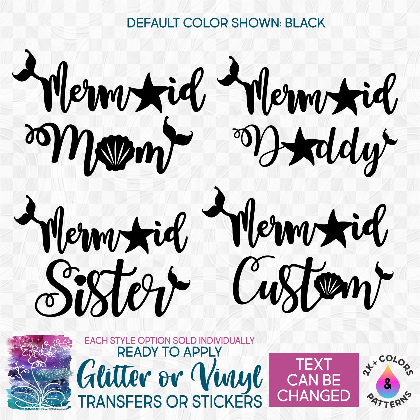 (s198-8A) Mermaid Mama Family Custom Text Glitter or Vinyl Iron-On Transfer or Sticker
