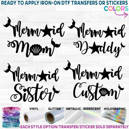 (s198-8A) Mermaid Mama Family Custom Text Printed Heat Transfer or Sticker