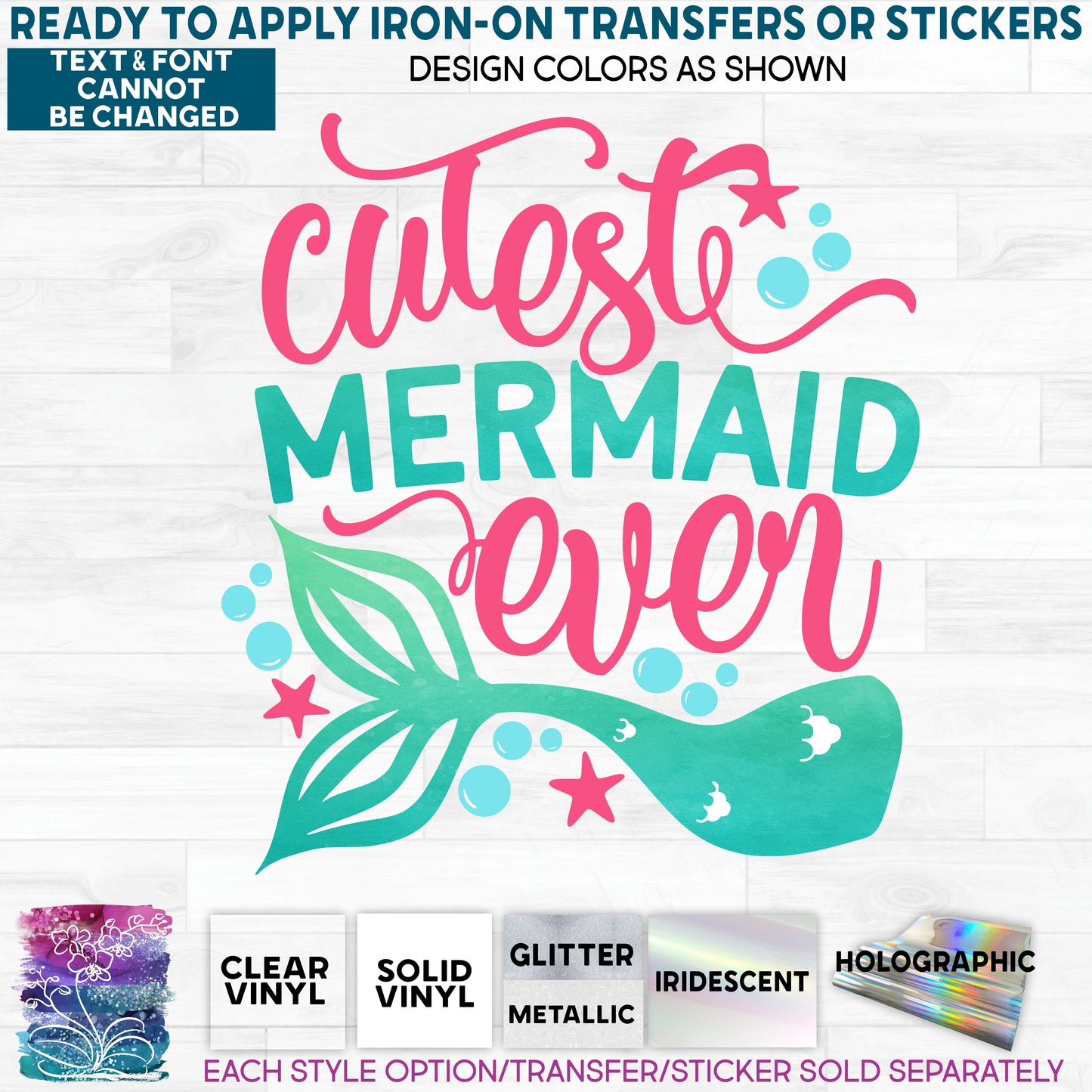 (s198-5E1) Cutest Mermaid Ever Pink Green Watercolor Glitter or Vinyl Iron-On Transfer or Sticker