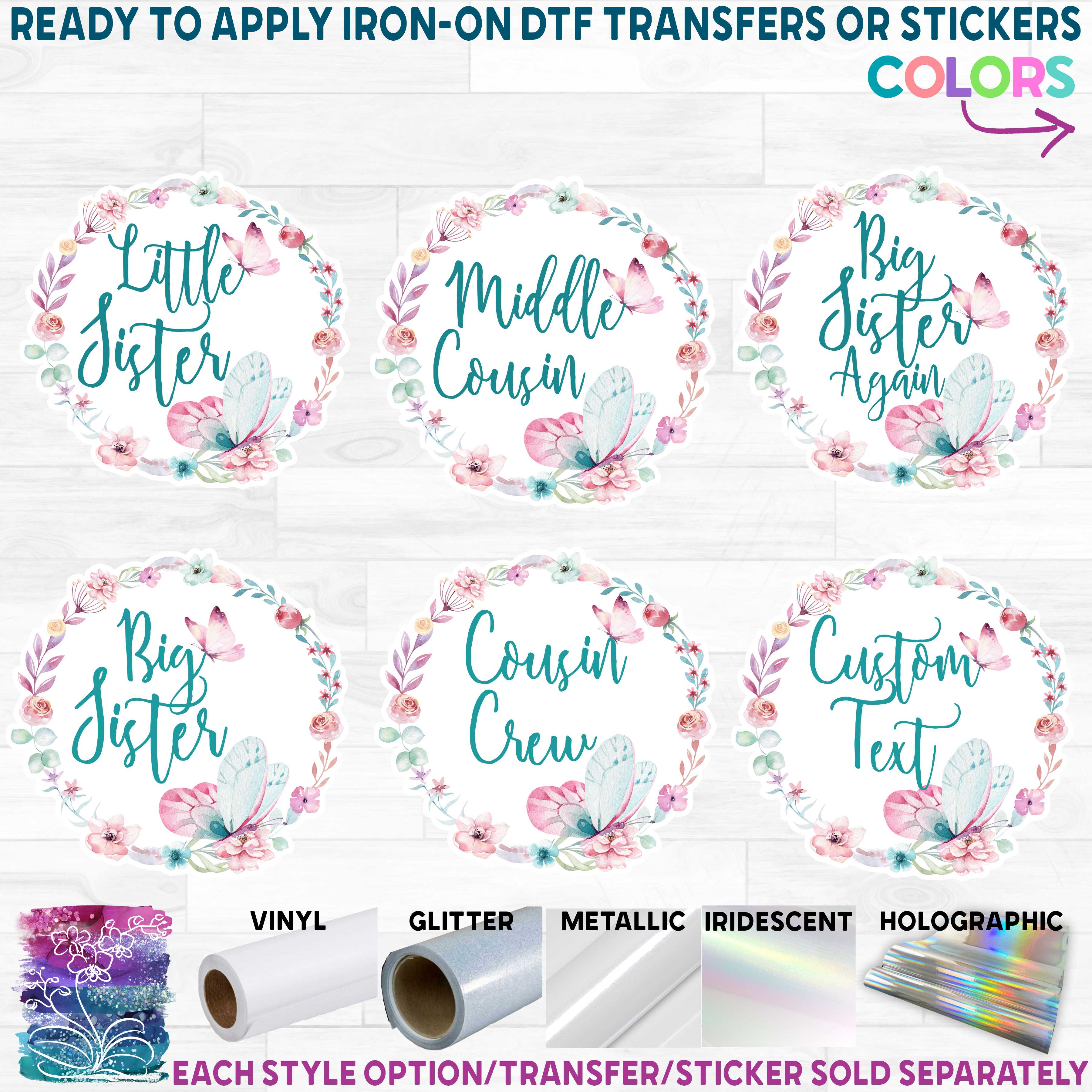 (s199-A) Big Sister, Little Sister, Custom Text  Butterfly Floral Flowers Watercolor