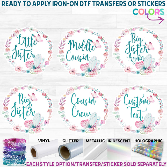 (199-A) Big Sister, Little Sister, Custom Text  Butterfly Floral Flowers Watercolor