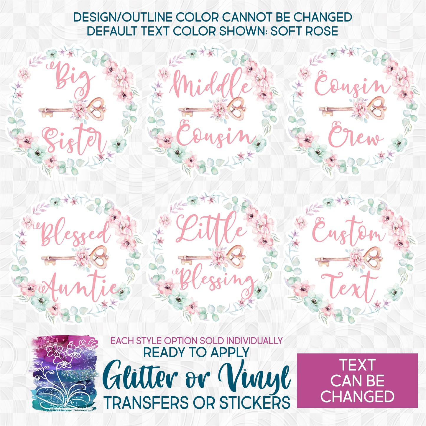 (s199-C) Big Sister, Little Sister, Custom Text Butterfly Key Flowers Floral Watercolor Glitter or Vinyl Iron-On Transfer or Sticker