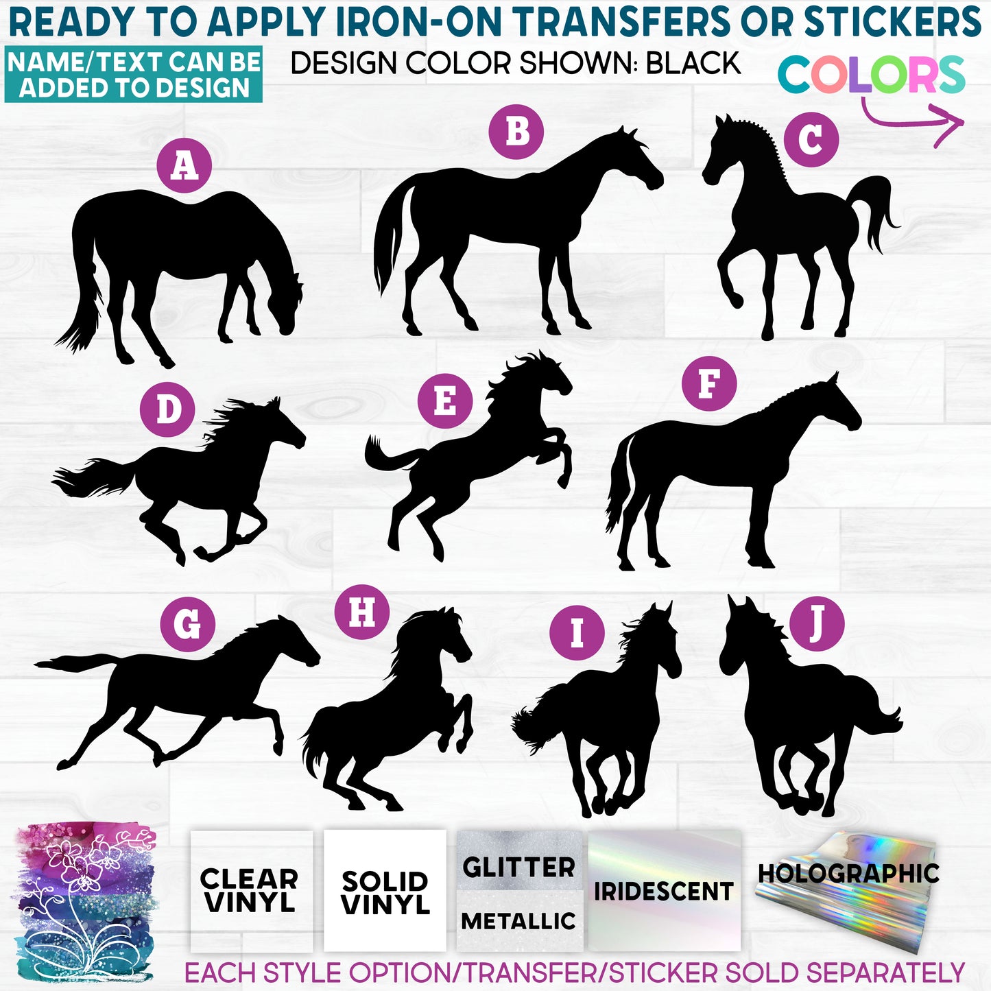 SBS-1 Horse Horses  Custom Iron On Heat Transfer or Sticker