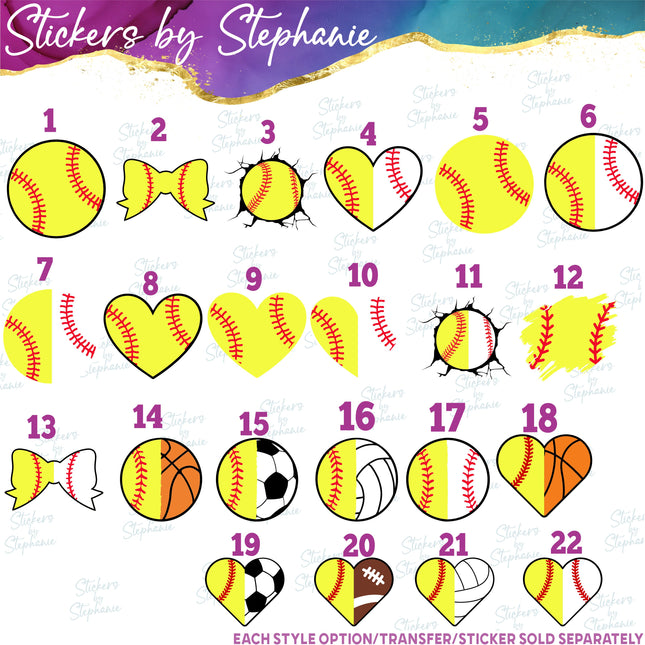 (s2-02-006) Softball Ball Heart Bow Iron-On Transfer