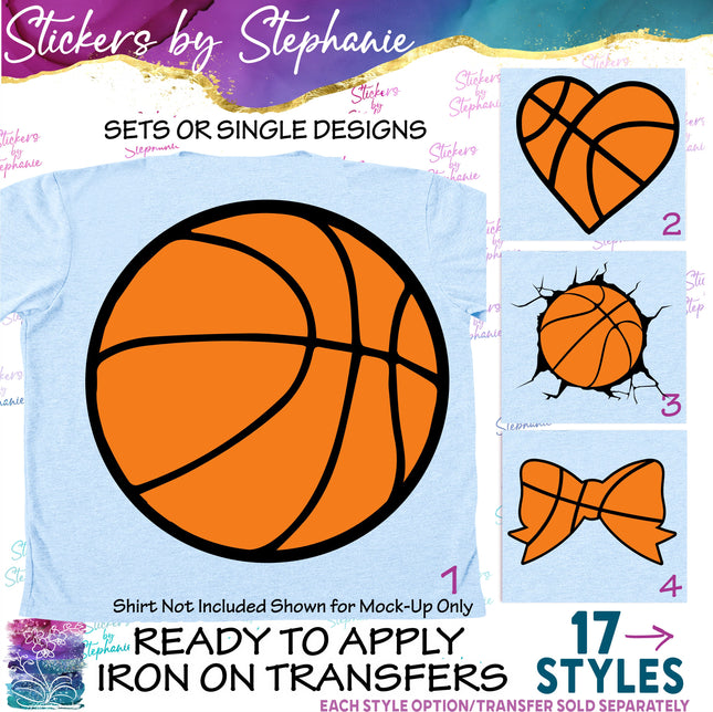(s2-02-007) Basketball Ball Heart Bow Iron-On Transfer