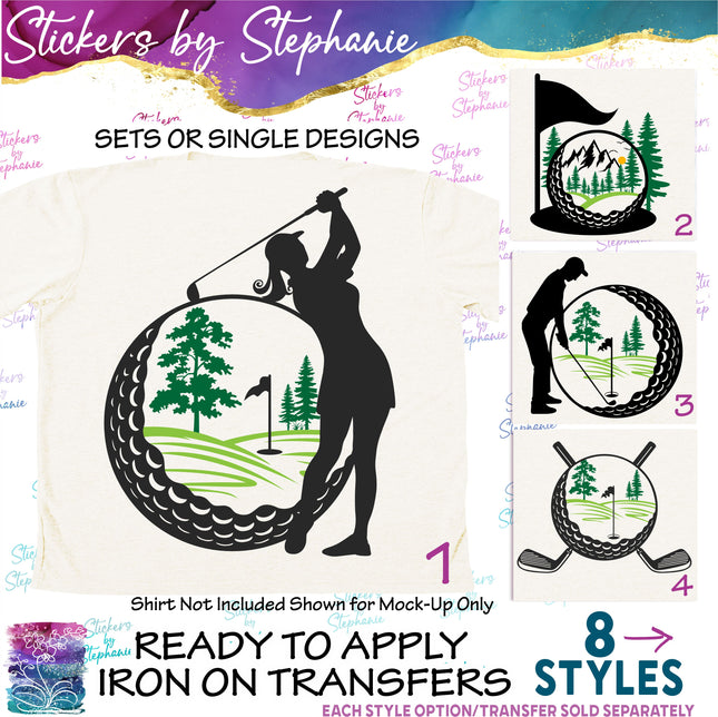 (s2-02-009) Golf Ball Golfer Illustrated Iron-On Transfer