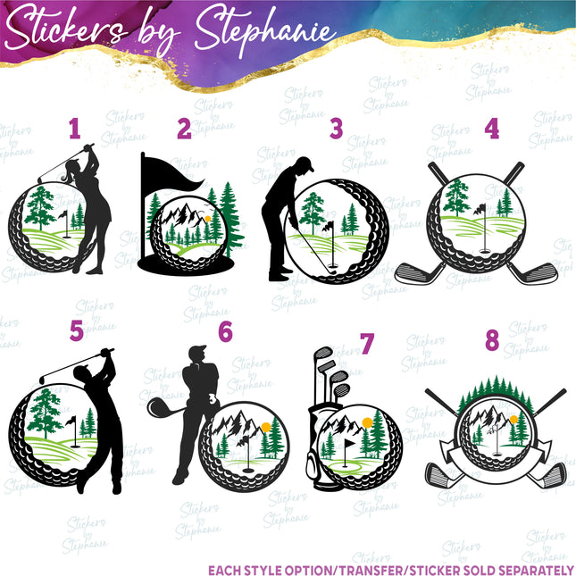 (s2-02-009) Golf Ball Golfer Illustrated Iron-On Transfer