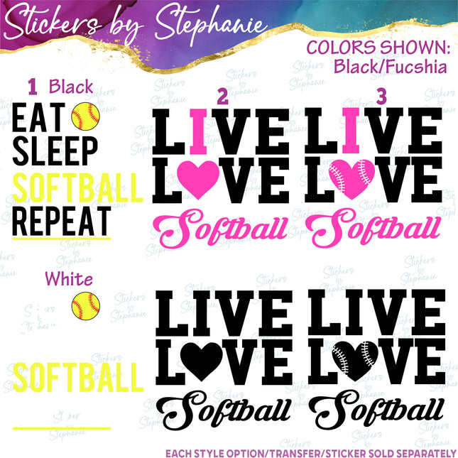 (s2-03-111) Eat Sleep Live Love I Heart Softball  Iron-On Transfer