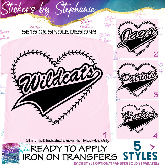 (s2-03-039) Baseball Laces Heart Wildcats, Jays, Trojans, Patriots, Huskies  Iron-On Transfer