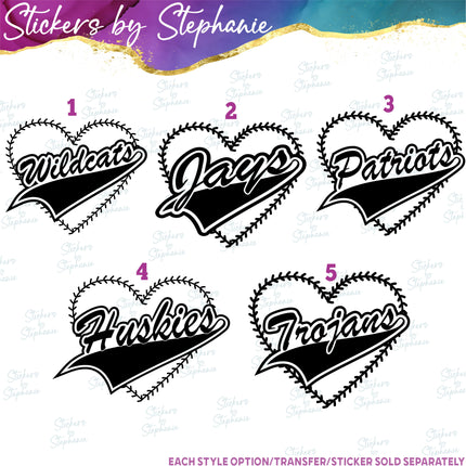 (s2-03-039) Baseball Laces Heart Wildcats, Jays, Trojans, Patriots, Huskies  Iron-On Transfer