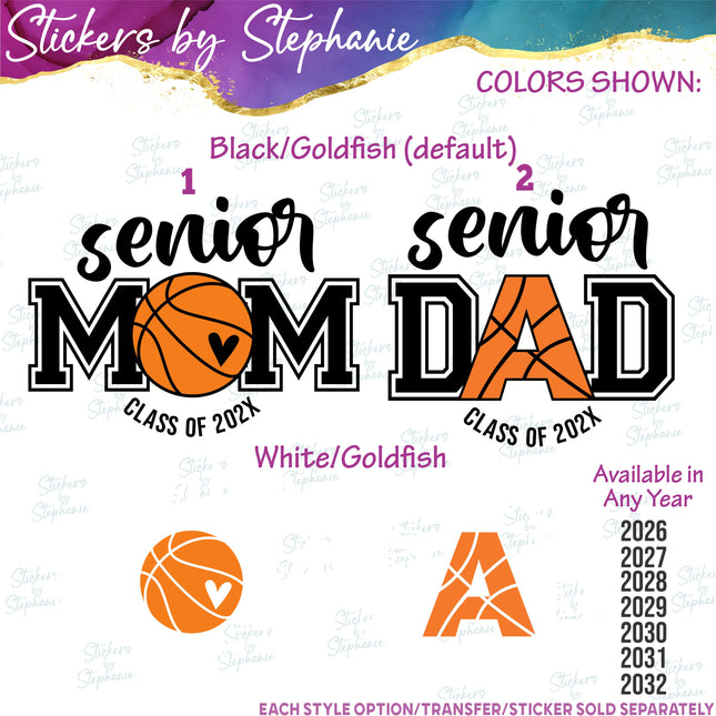 (s2-03-072) Senior Mom, Dad Year Basketball  Iron-On Transfer