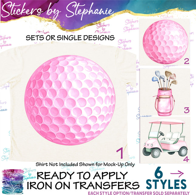 (s02-397) Pink Golf Ball Cart Watercolor Graphic Iron-On Transfer