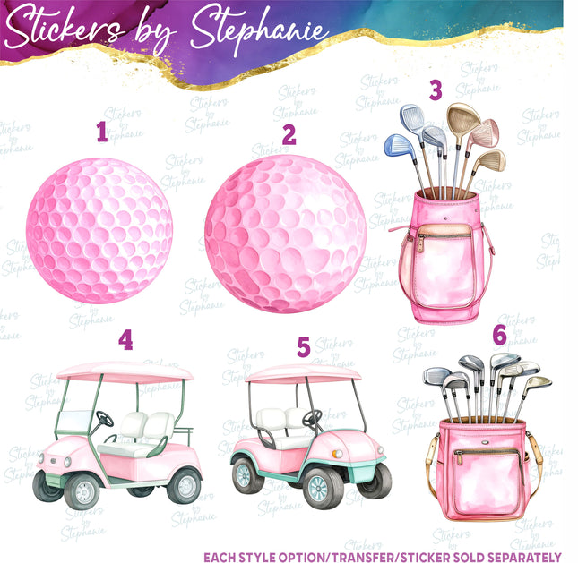 (s02-397) Pink Golf Ball Cart Watercolor Graphic Iron-On Transfer