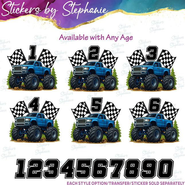 (s02-204) Monster Truck Age Number Graphic Iron-On Transfer