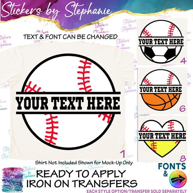 (s06-065) Baseball Split Name Text Custom Iron-On Transfer