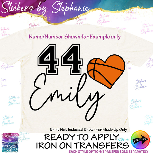 (s06-075) Basketball Heart Ball Player Number Name Custom Iron-On Transfer