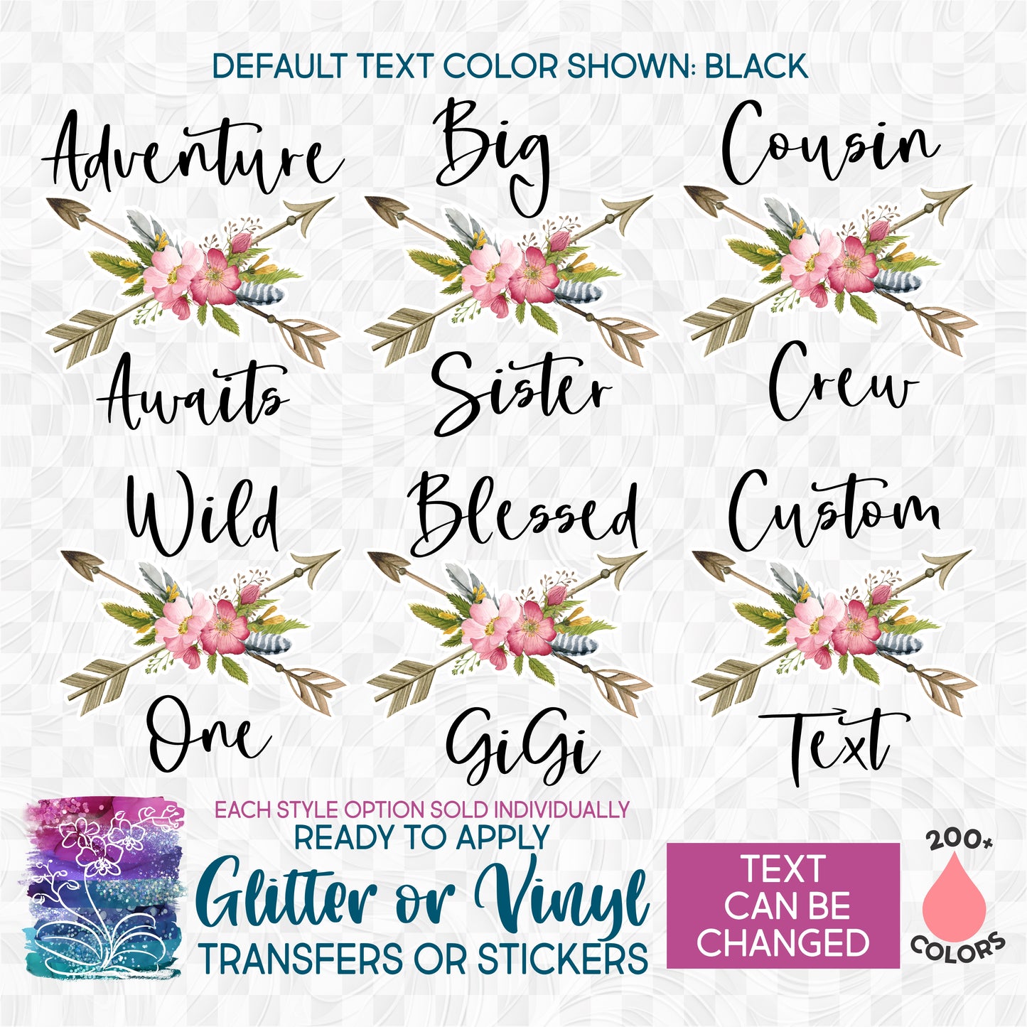 SBS-2-9 Wild Rose Arrow Watercolor Wild One Cousin Crew Adventure Awaits Blessed Big Little Sister Custom Text Made-to-Order Iron-On Transfer or Sticker