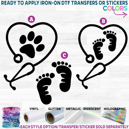 (s200-1) Stethoscope Paw Print Baby Footprint Printed Heat Transfer or Sticker