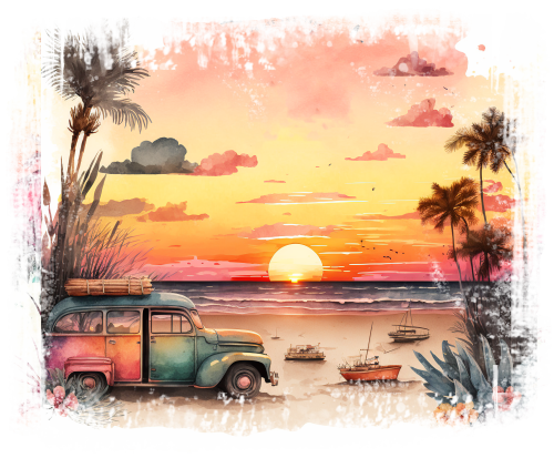 (204-04-1F) Retro Sunset Sunrise Beach Landscape