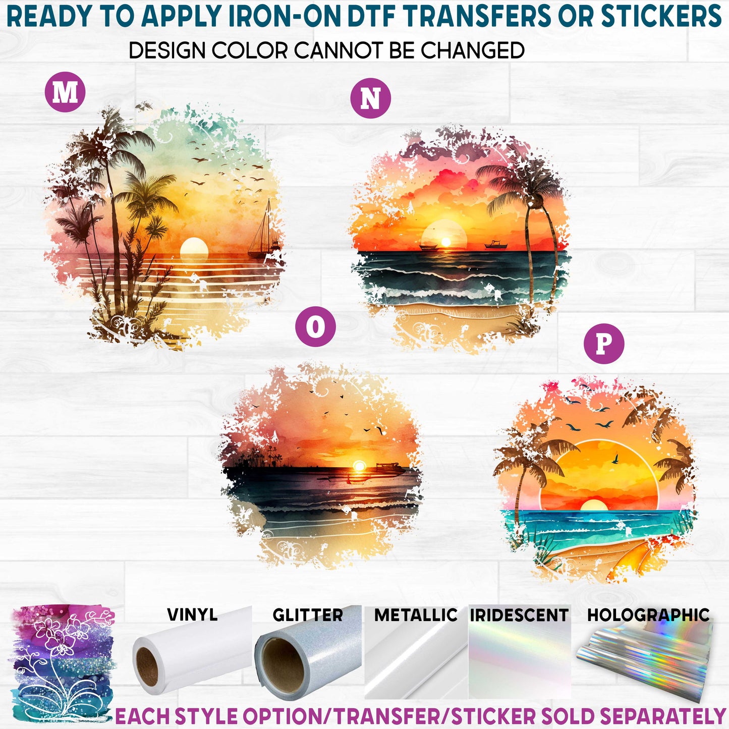 (s204-4) Watercolor Sunset Beach Ocean Tropical Seascape Landscape b Printed Heat Transfer or Sticker