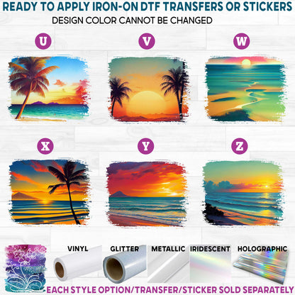 (s204-4) Watercolor Sunset Beach Ocean Tropical Seascape Landscape b Printed Heat Transfer or Sticker