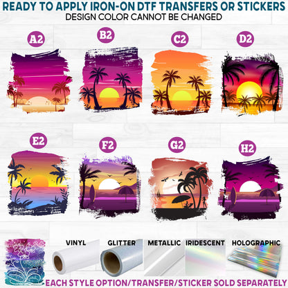 (s204-4) Watercolor Sunset Beach Ocean Tropical Seascape Landscape b Printed Heat Transfer or Sticker