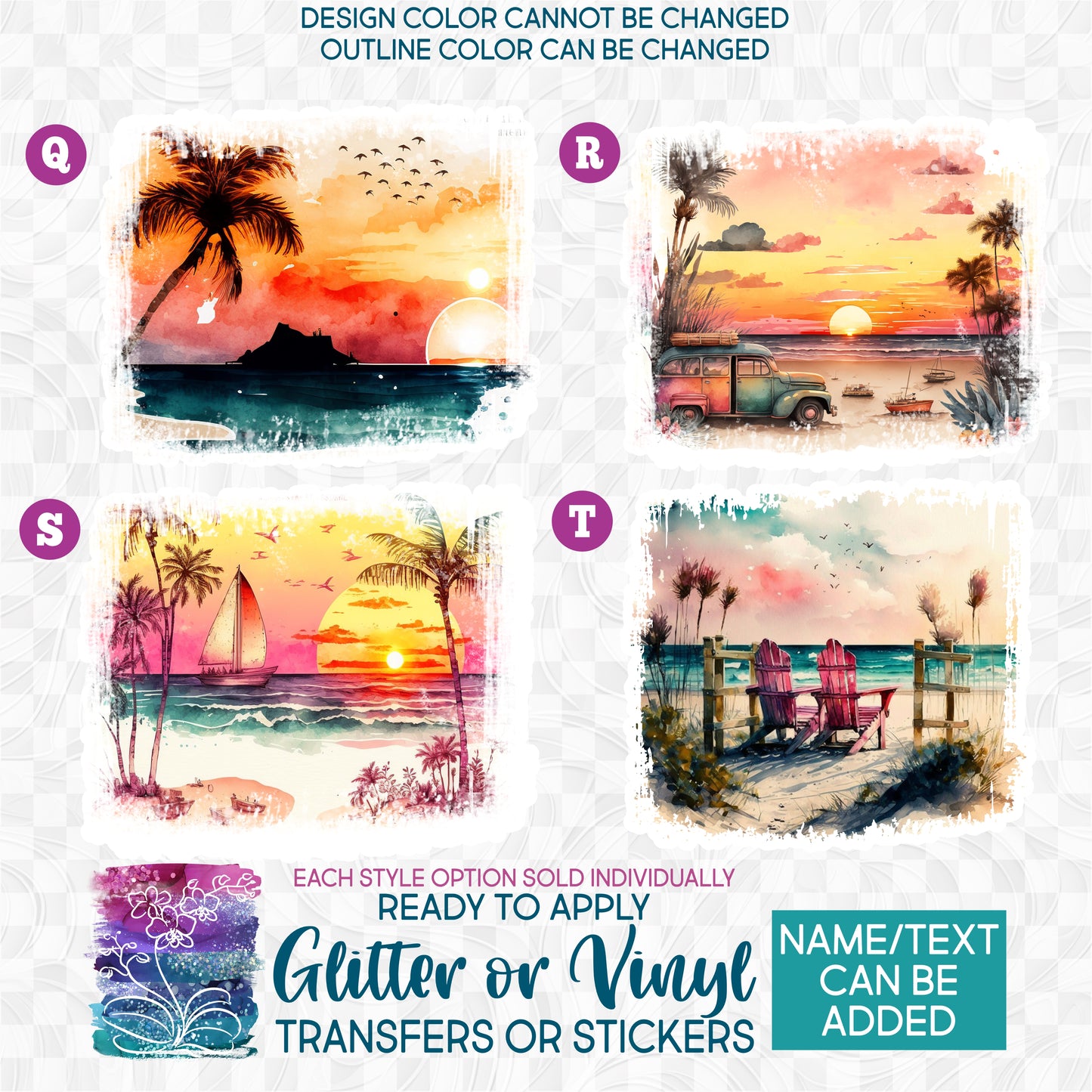 (s204-4) Watercolor Sunset Beach Ocean Tropical Seascape Landscape Glitter or Vinyl Iron-On Transfer or Sticker