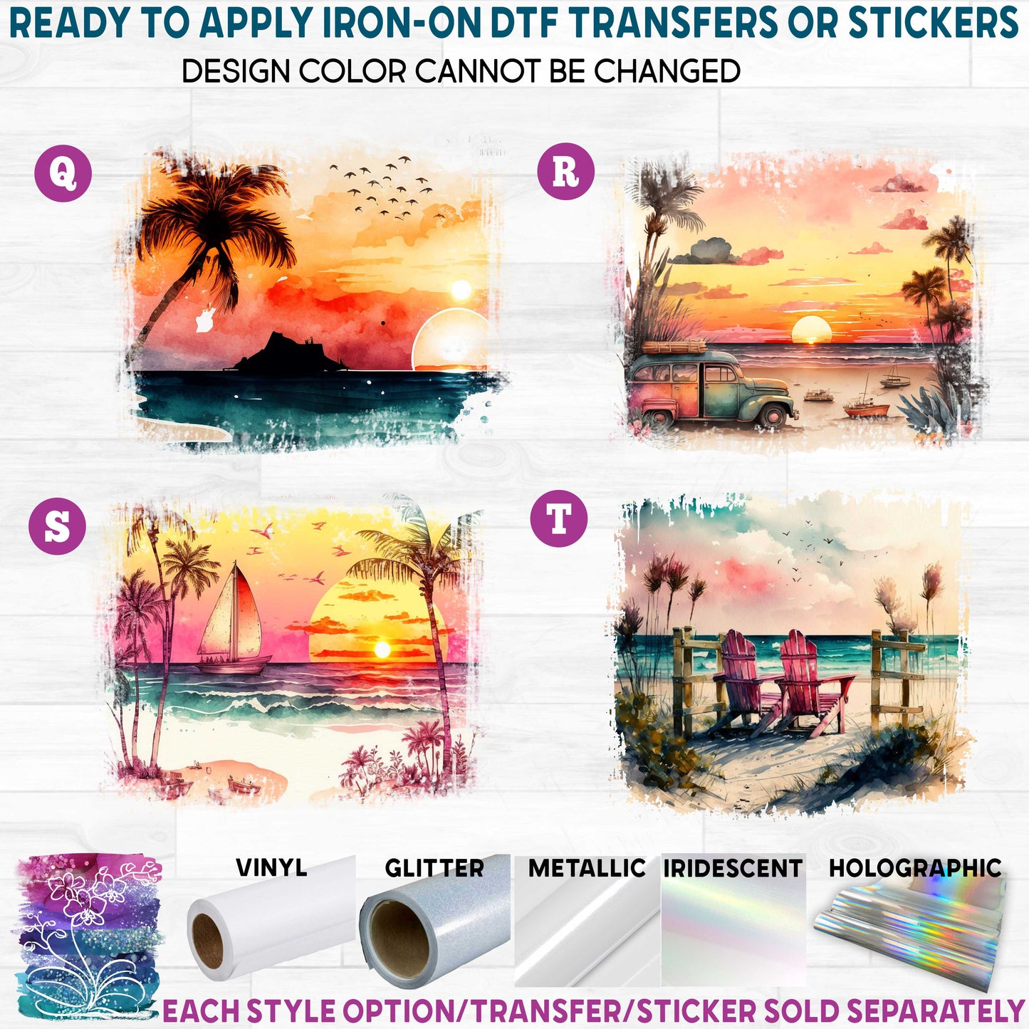 (s204-4) Watercolor Sunset Beach Ocean Tropical Seascape Landscape b Printed Heat Transfer or Sticker